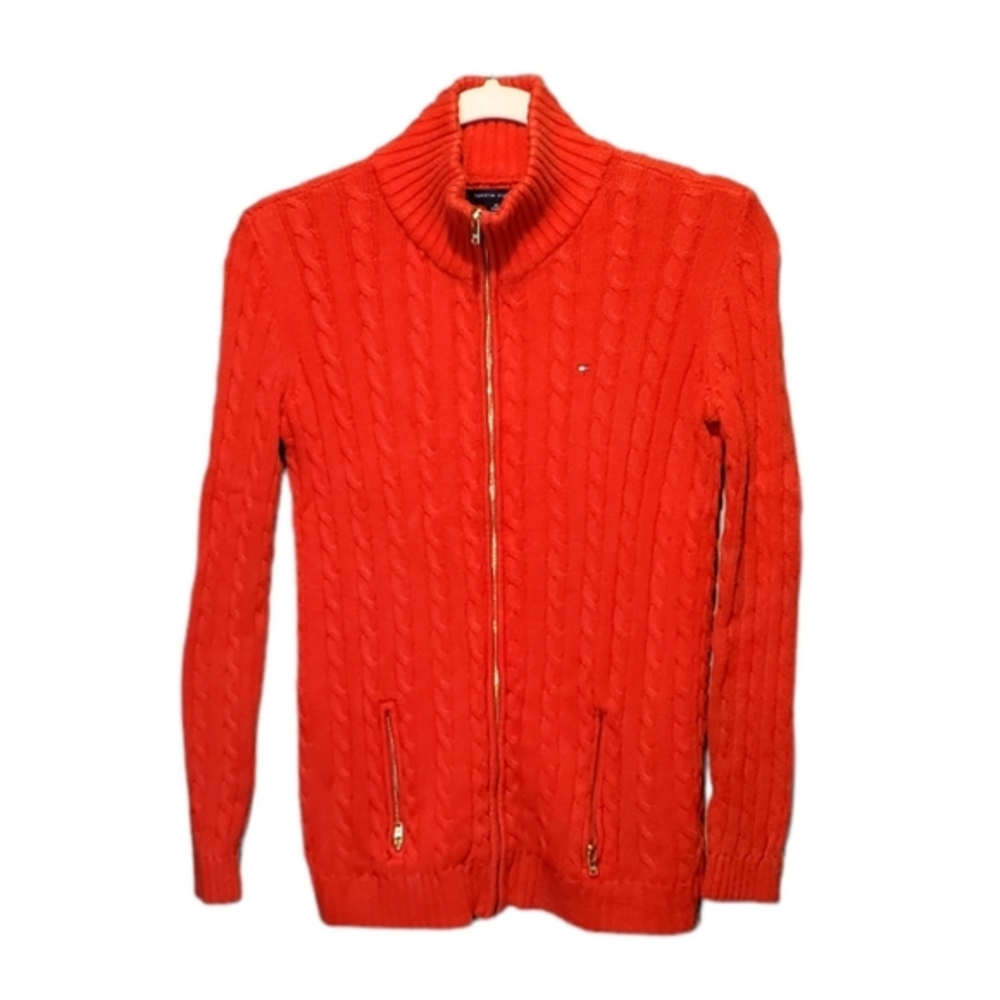 Tommy Hifiger Red Zipup Cotton Knit Cardigan Sweater Zip Pockets XS